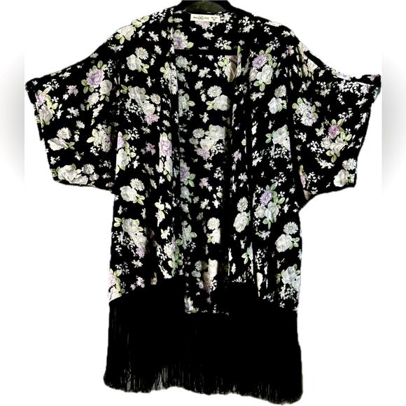 Y2K Abercrombie Fitch Boho Kimono Style Robe Cover Navy Floral Tassels One Size - Picture 1 of 4